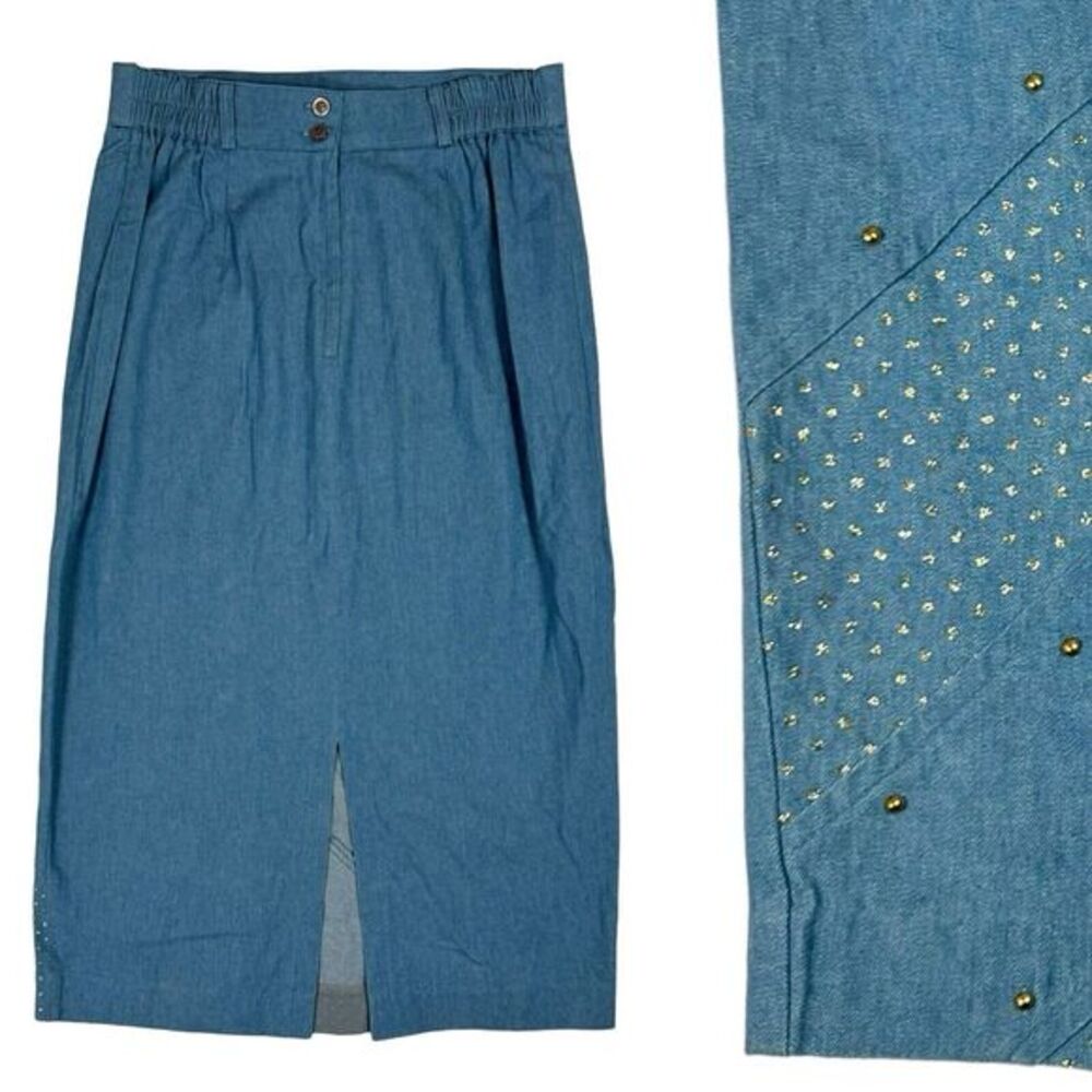 80's City Girl Nancy Bolen Denim Maxi Skirt‎ Women's Size 14 Glitter Studded VTG